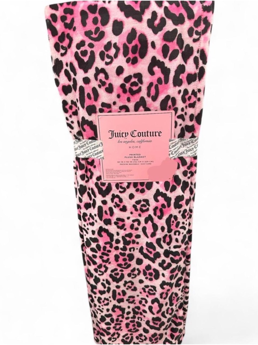 Juicy Couture Pink and Black Leopard Print Plush Blanket, twin size